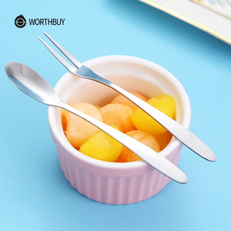 

WORTHBUY 5 Pcs/Set Fruit Fork Set Stainless Steel Salad Fork Dessert Spoon Set Kitchen Accessories Food Picks For Kids Picnic