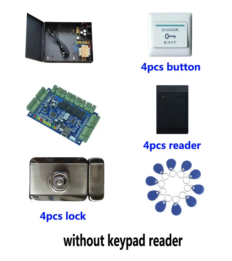 Комплект контроля доступа, tcp/ip четыре двери контроля доступа + PowerCase + Интеллектуальный отключения блокировки + ID читателя + кнопка выхода + 10