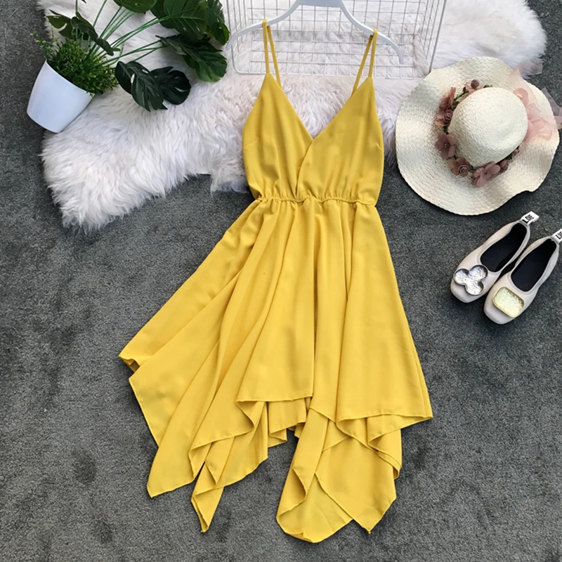 

FMFSSOM Women Sexy Spaghetti Strap Dress 2019 New Summer Ladys Sleeveless V Neck High Waist Casual Short Dresses