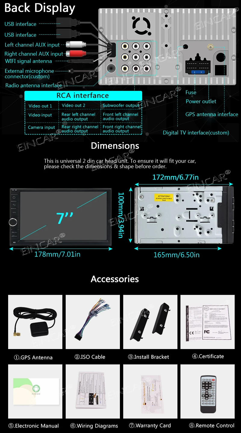 Sale EinCar In Dash Android 8.1 Double Din 7 inch Capacitive 1024*600 Touch Screen Car Stereo NO DVD Player GPS Navigation WiFi Blue 5
