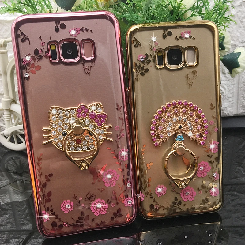 Luxury Diamond Kitty Cat Ring TPU Case For Samsung Galaxy S7 edge S6 S8 plus J5 J7 J3 2017 EU J530 Rhinestone Plating Back Cover (2)