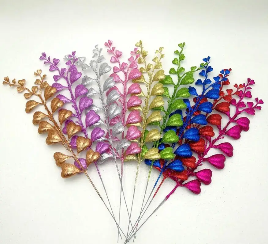 

20pcs 44cm Glitter Powder Heart Leaf Branch Flower Arrangement For Wedding Christmas Party Tree Venun Hanging Decoration