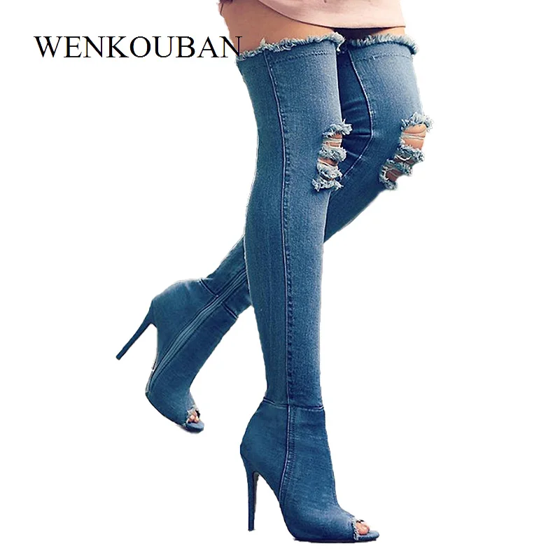 Denim Blue Botas Women Thigh High Boots Summer Thin High Heels Women Jeans Over The Knee Boots Peep Toe Shoes Zapatos De Mujer