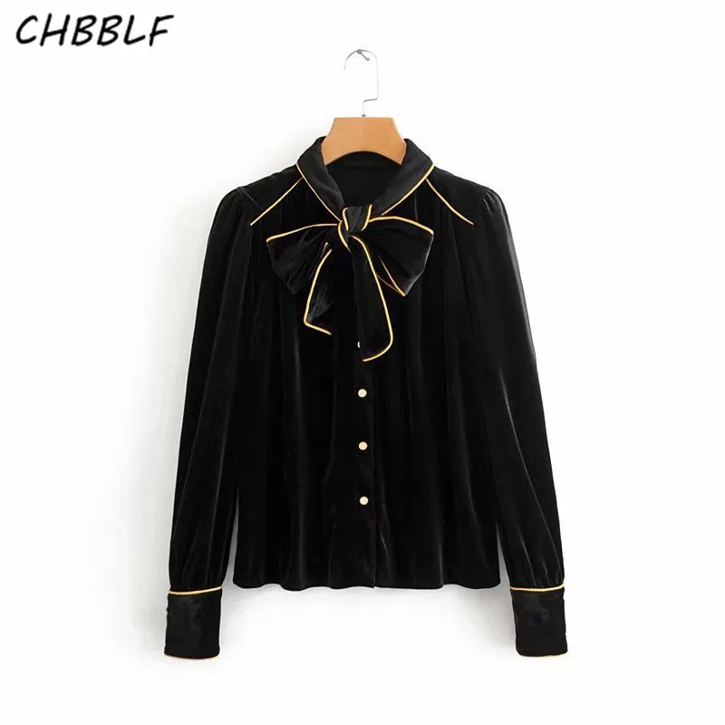 

CHBBLF women elegant bow tie collar velvet blouses long sleeve shirts female sweet party top blusas O8881