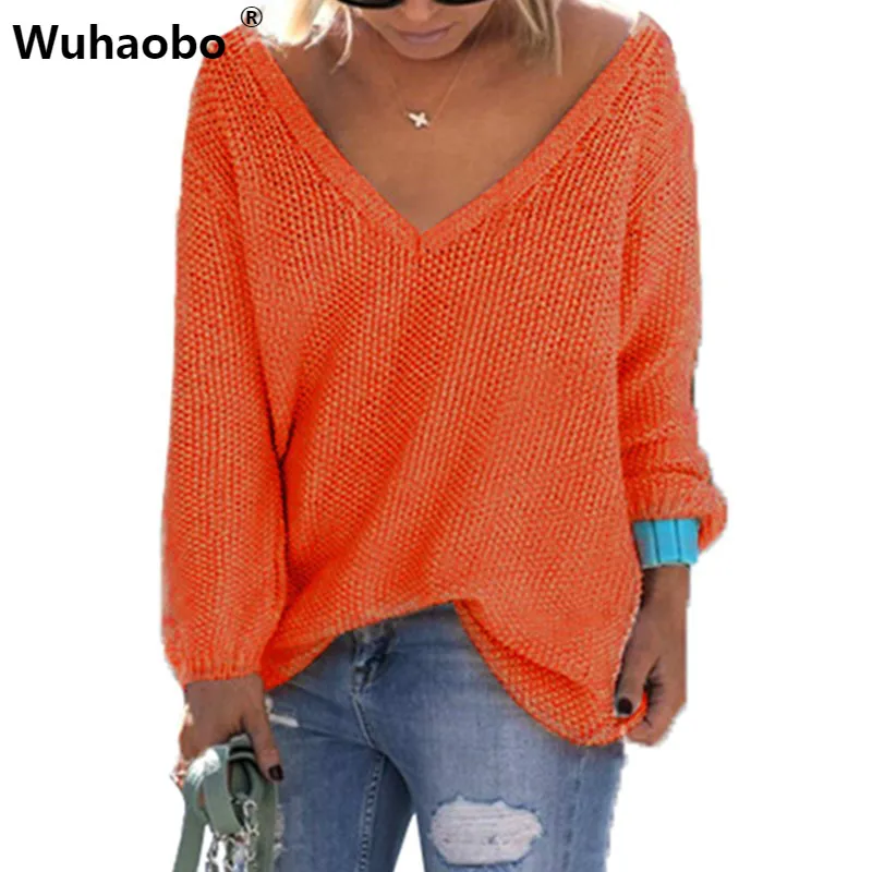 

Wuhaobo 4XL Women Pullovers Sweaters Fashion V neck Thin Knitted Sweater Female Casual Autumn Winter Jumpers Knitwear Loose Tops