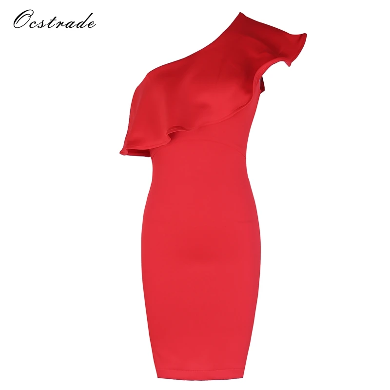 

Ocstrade New Years Eve Dress Woman Christmas Party Elegant Red Ruffle One Shoulder Bodycon Dresses
