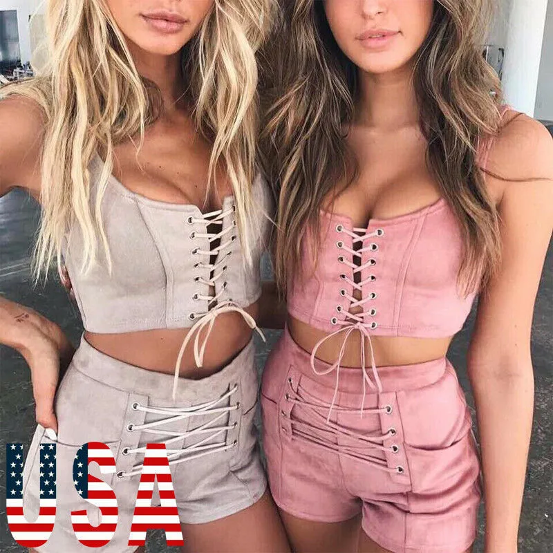 

US Women Crop Top Blouse + Shorts Two-piece Women Sets