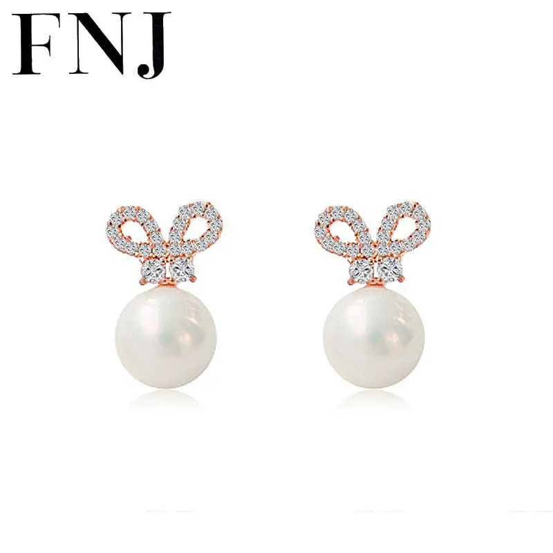 

FNJ 925 Silver Earrings for Women Jewelry Zircon Simulated Pearl boucle d'oreille Original S925 Sterling Silver Stud Earring