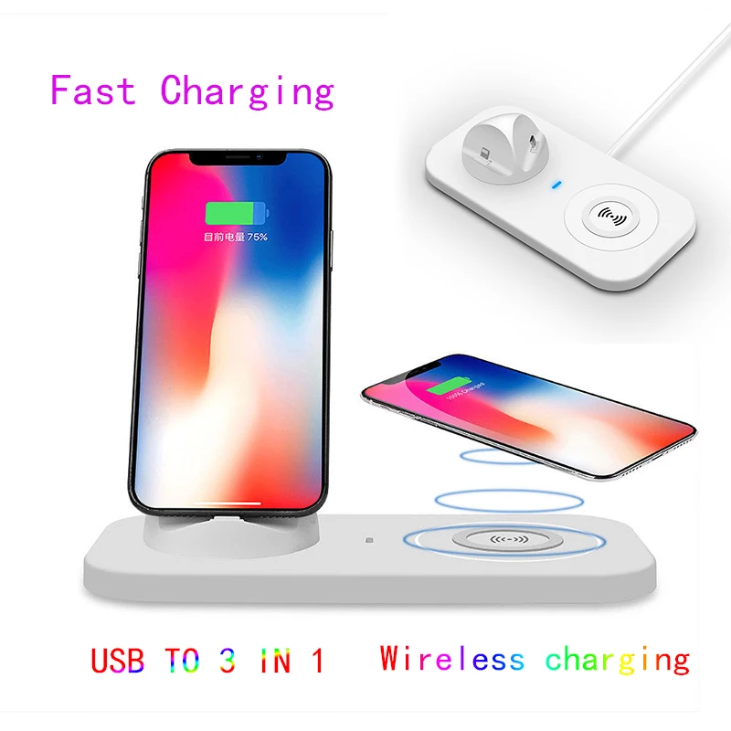 

Wireless Charger USB to 3 in 1 10W for iPhone 8 X XS Max Apple Watch Airpods Qi Charging Pad for Samsung S9 S8 i30 i60 i80 TWS