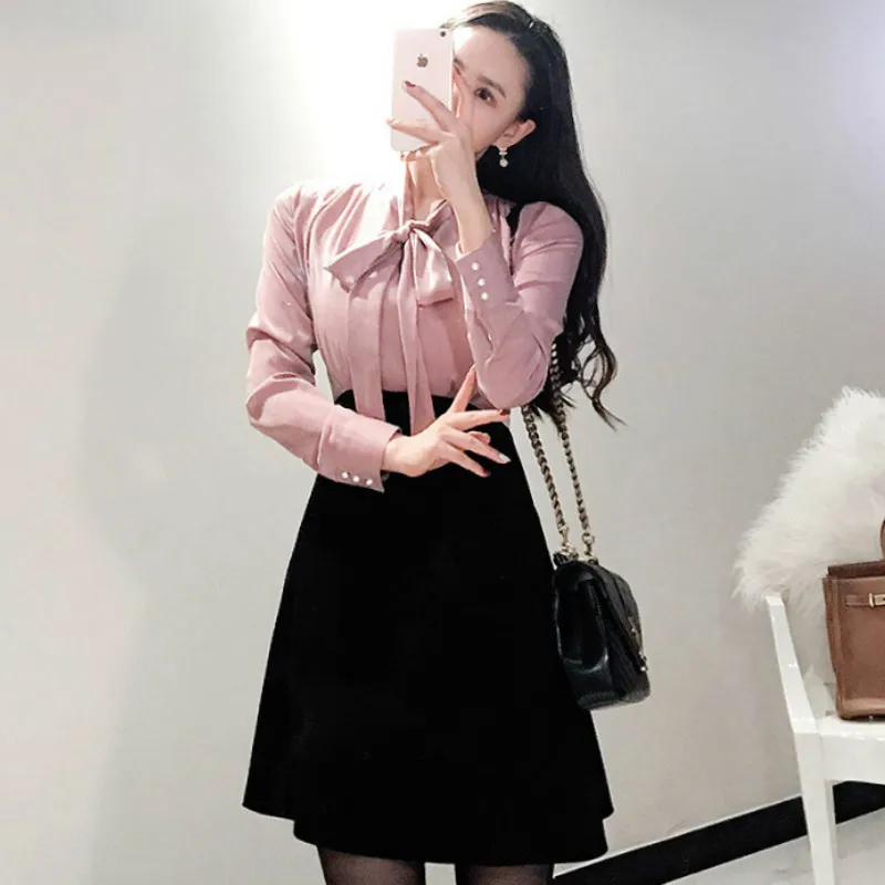 

2019 Winter Bowknot Full Sleeve Color Patchwork A-Line Mini Vestidos Casual Cute Dress