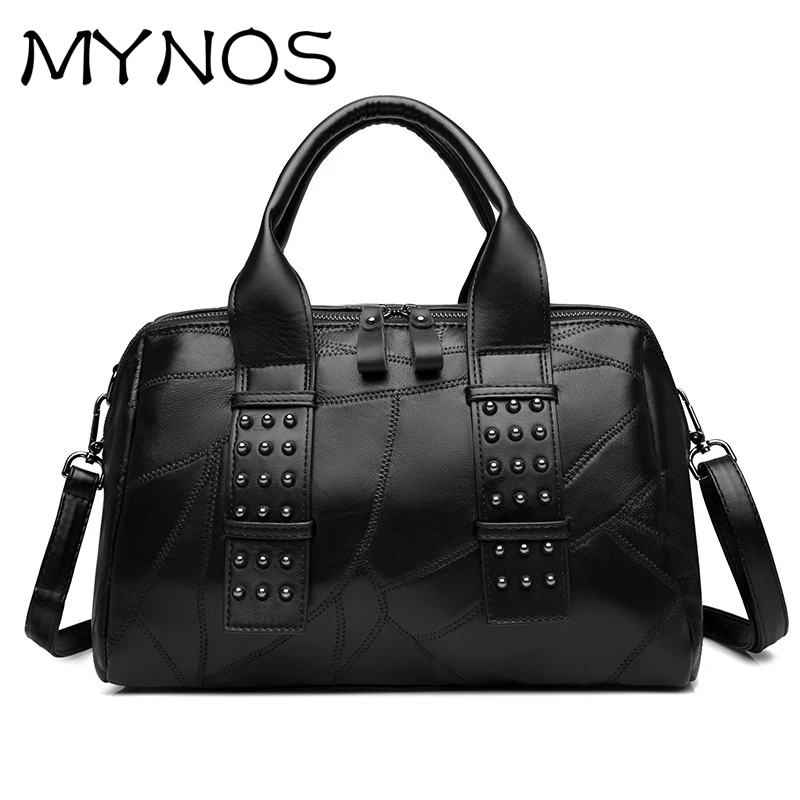 

MYNOS 100% Sheepskin Rivet Patchwork Women Messenger Bags Genuine Leather Handbag Luxury Handbags Women Bags Designer Bag Ladies