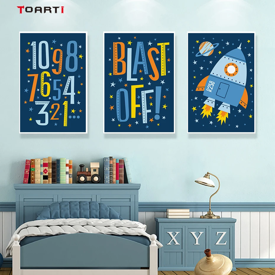 Cartoon Boy's Space Rocket A4 Canvas Art Painting (5)
