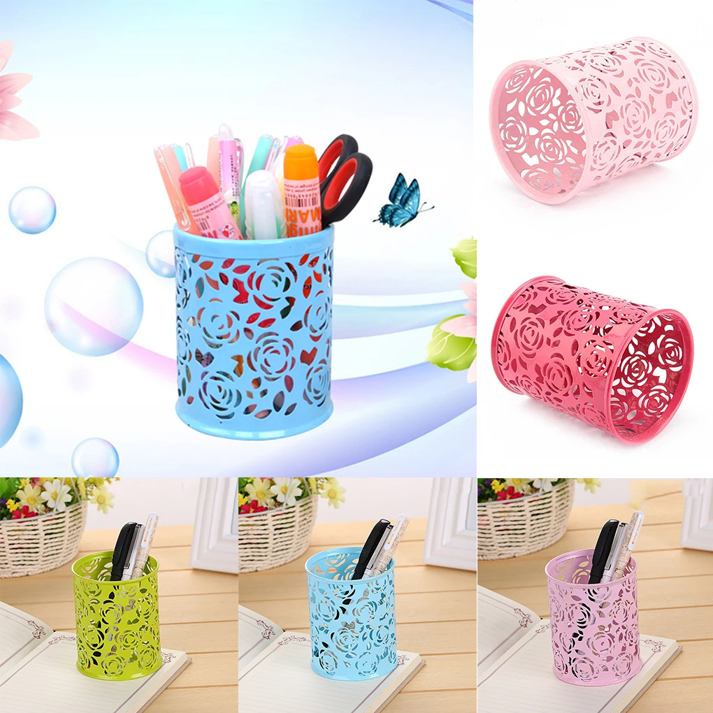 

1PC Storage Organizer Hollow Rose Flower Pen Case Pencil Stand Container Stationary Study Round Pen Holders