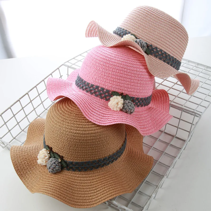 Детская соломенная шляпа, Летний Пляжный козырек для девочек, детская Солнцезащитная шляпа, Корейская Цветочная Складная Большая Дорожная Рыбацкая шляпа, детские вязаные шапки