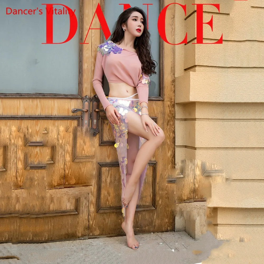 

New Women mesh Loose Dance Costume Belly Dance Set 2 piece Top+sequins Skirt Oriental Dance competition Costumes