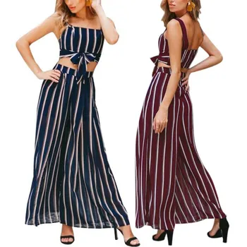 

women Summer set Chiffon Stripes Print Sleeveless Casual Sling Tops+ Loose Wide Leg Pants