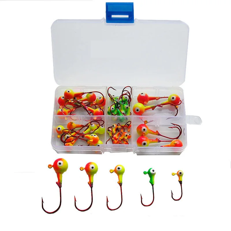 46pcs Multicolor 3D Fish Eyes Jig Head Fishing Hooks High Carbon Steel Red Lead Head Lures Fishing Hooks Set With Box 46pcs Multicolor 3D Fish Eyes Jig Head Fishing Hooks High Carbon Steel Red Lead Head Lures Fishing Hooks Set With Box