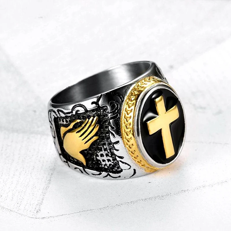 Титановая сталь крест красный щит мужское кольцо Тамплиер крестовый поход серебряное, Золотое кольцо средневековая печатка Ретро винтажный панк кольца на палец