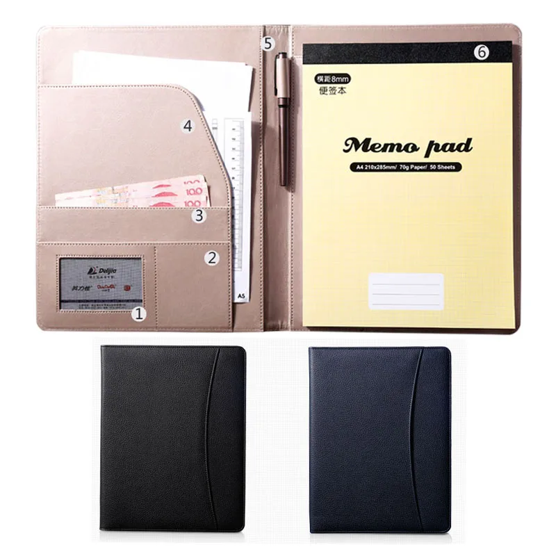 

man mulfunctional A4 leather folder notepad with multi pockets black brown business writting folder leather documents bag