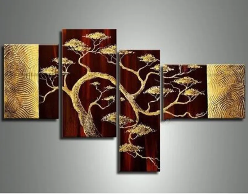 

Large Gold Pine Tree Pictures 4 Panel Wall Painting Sets Home Decor Arts Hand-painted Abstract Landscape Oil Paintings on Canvas