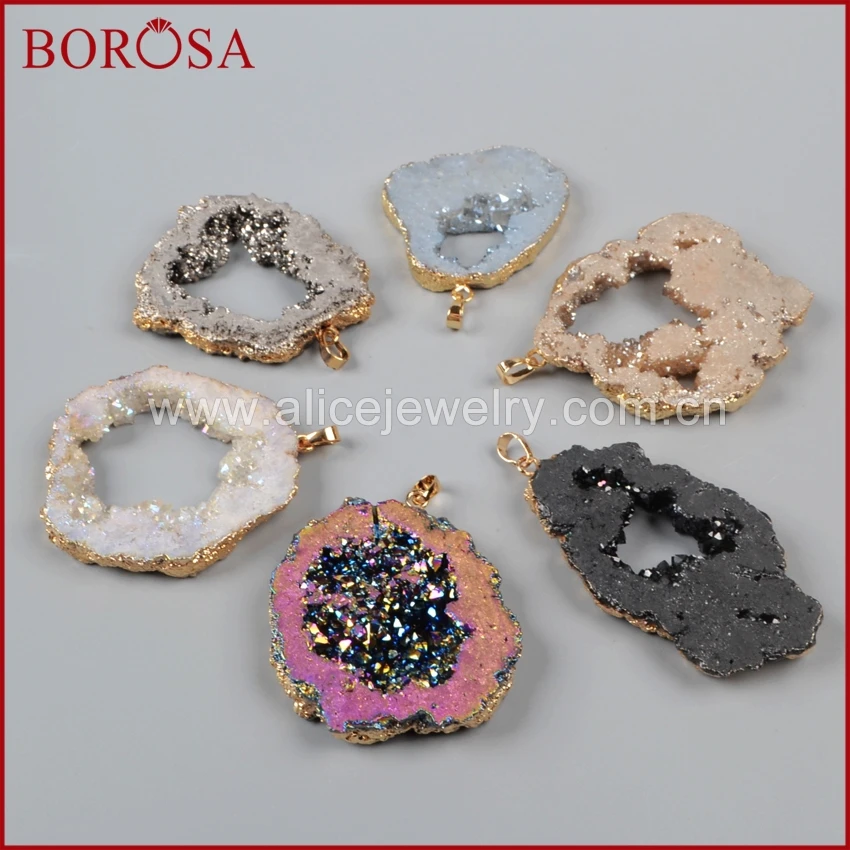 

BOROSA 10PCS Druzy Jewelry Gold Color Freeform Mix colors Titanium Geode Crystal Quartz Slice Drusy Pendant Bead Jewelry G1092