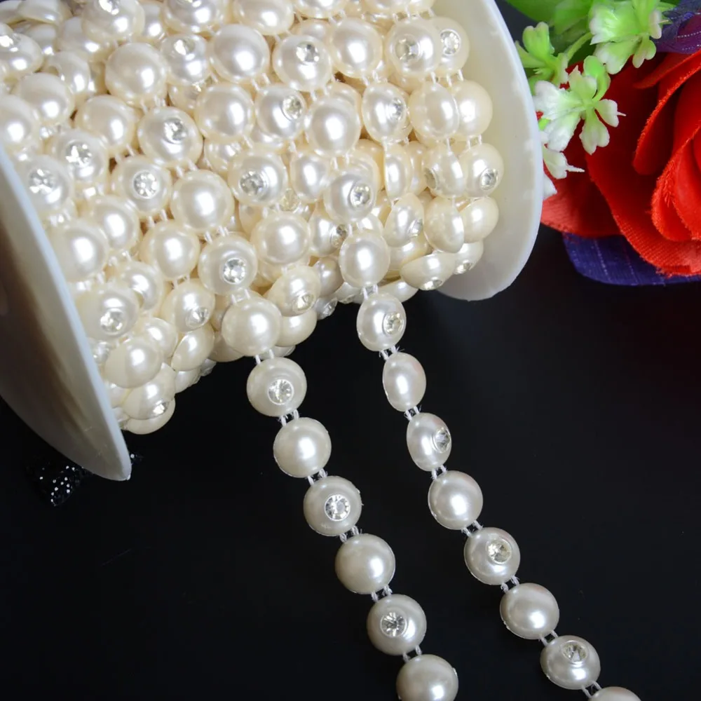 

BOLIAO 1 Yard 10mm ( 3/8") Width Beige Round ABS Plastic Imitation Pearl With 4mm Rhinestones Chain Trim DIY Craft R3515