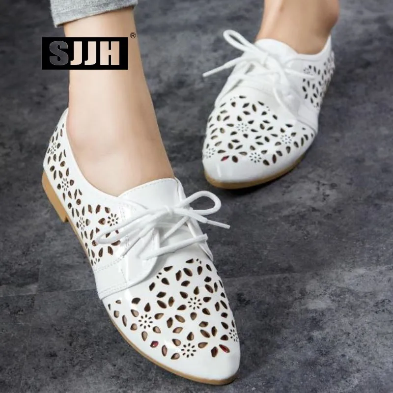 SJJH Women Cut-outs Brogue Shoes with Pointed Toe Lace-up Flats Comfortable Footwear Fashion Casual Shoes A1385