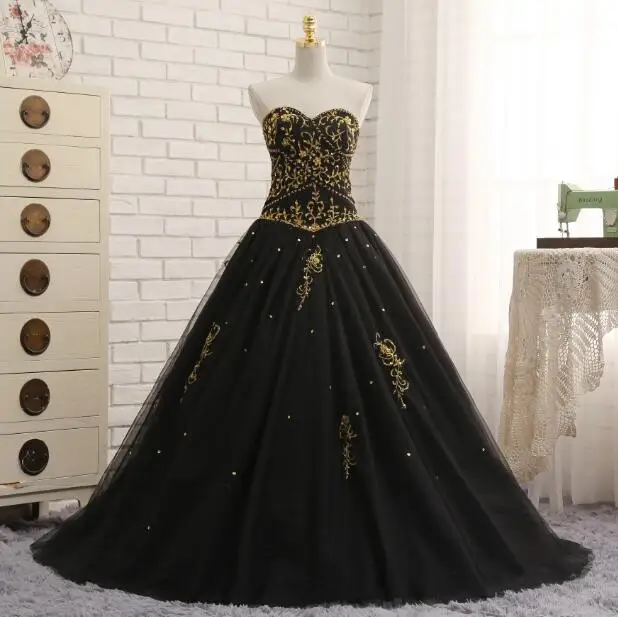 Black Quinceanera Dresses Tulle With Gold Embroidery Beaded Sweet 16
