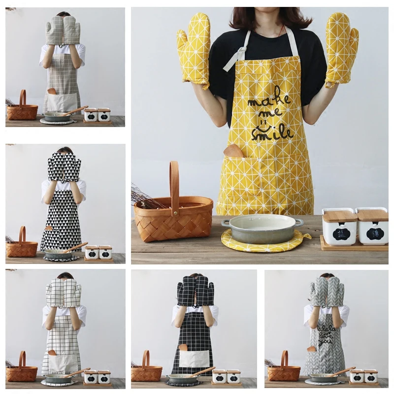 4pcs/set Kitchen Gloves Microwave Baking Glove Oven Mitts Cooking Apron Bakeware Placemat Table Mat (2 Oven Mitts+1 Apron+1 Mat)