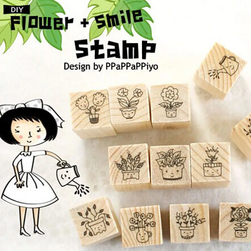 

12pcs/set Lovely Flower and Smile Wooden Rubber Stamp DIY By Yourself Potting Plant DIY Wood Stamp for Handmade Craft