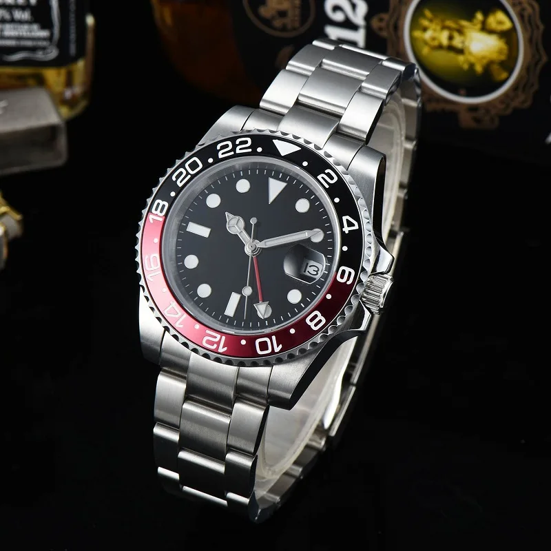 

40mm Automatic machinery Watch Men Black Sterile Dial Sapphire Crystal black red Ceramic Bezel Date Waterproof GMT Watch