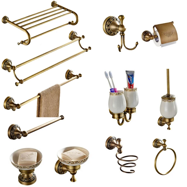 Billig Antike Badezimmer Zubehör Set Messing Sammlung Geschnitzt Bad Produkte Handtuch Rack Kreative Wasserhahn Bad Hardware Set