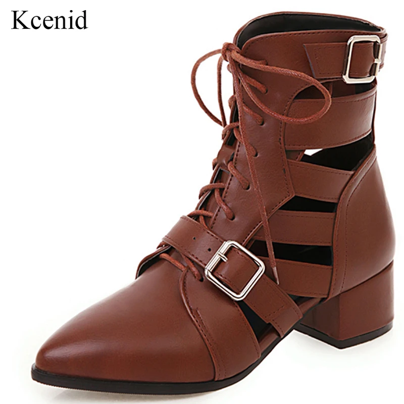 

Kcenid Summer women ankle boots PU leather cut-outs lace up shoes woman plus size boots for women block heel ladies shoes brown