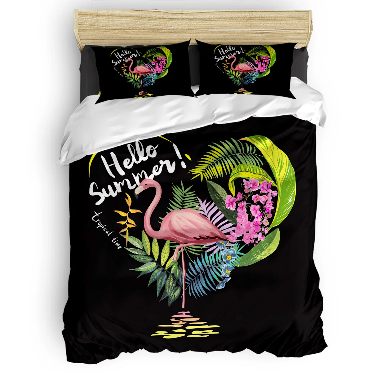 

Black Tropical Plants And Flamingos Decor Duvet Cover Set