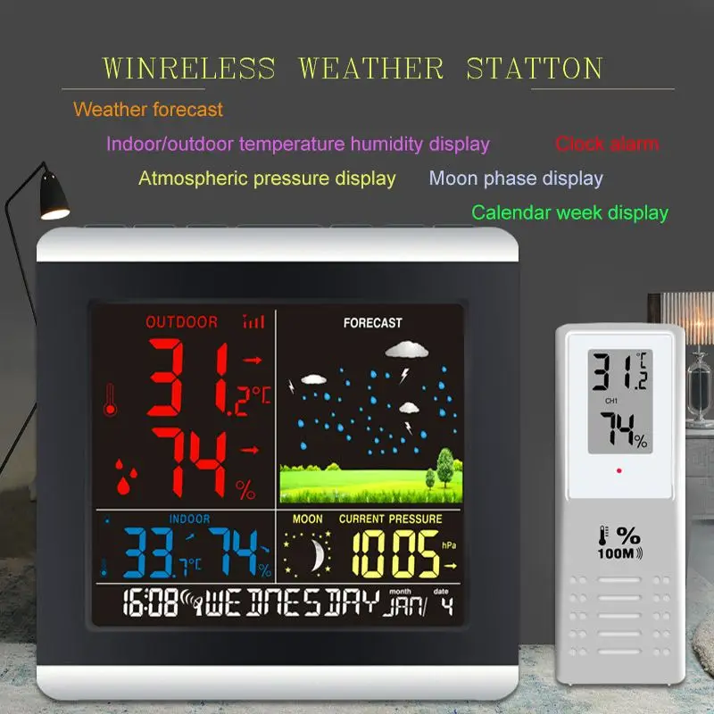 Беспроводная метеостанция с вилкой EU/US, датчик температуры и влажности, цветной ЖК-дисплей, часы для погоды в/на открытом воздухе