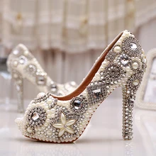 Neue Ankunft Strass Peep Toe Pumps Frauen Perle Kristall Brautschuhe Handmade Ivory Glitter Diamant Hochzeit Party Prom Pumpen