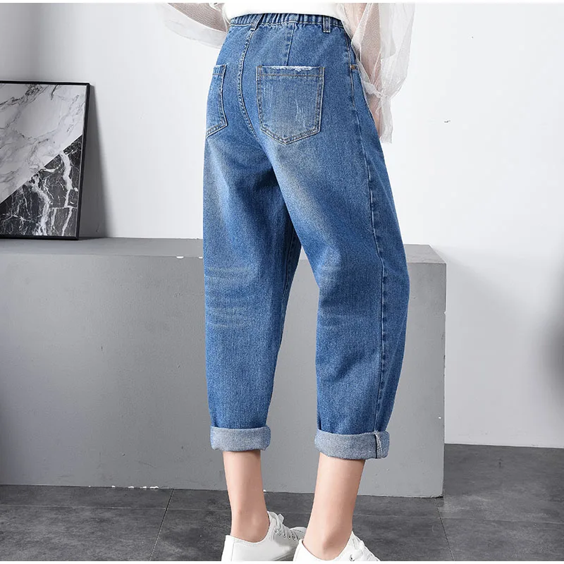 Свободные джинсы-шаровары размера плюс, 3Xl, 5Xl, 7Xl, летние, весенние, уличные, винтажные, небесно-голубые, длина по щиколотку, джинсовые штаны для мам