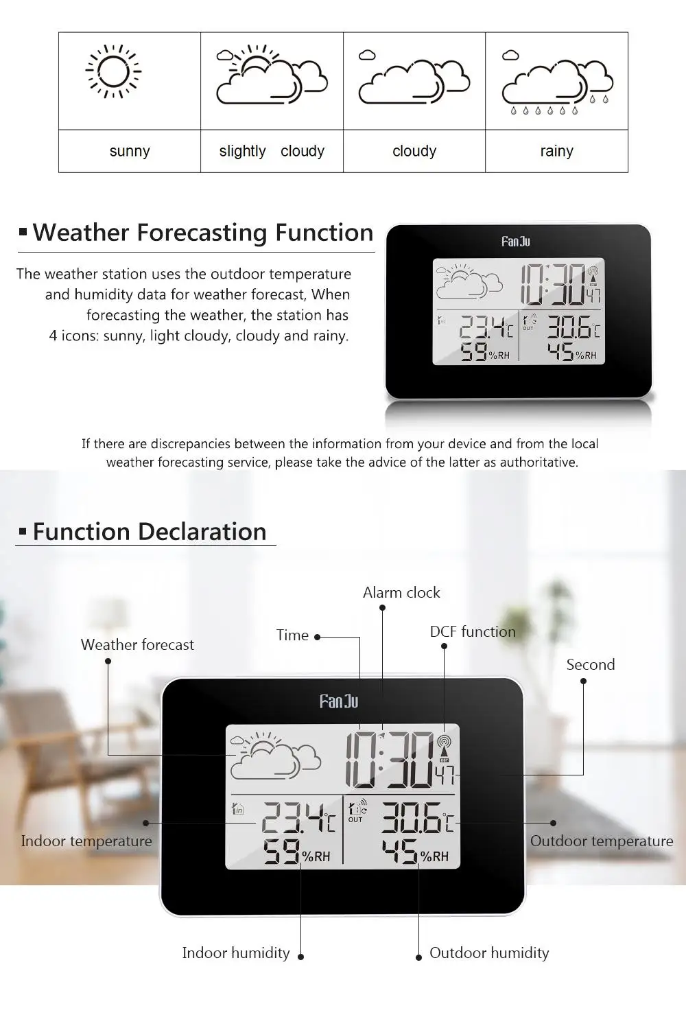 FanJu FJ3364 Цифровой Будильник Метеостанция беспроводной датчик гигрометр термометр Многофункциональный светодиодный настольные часы