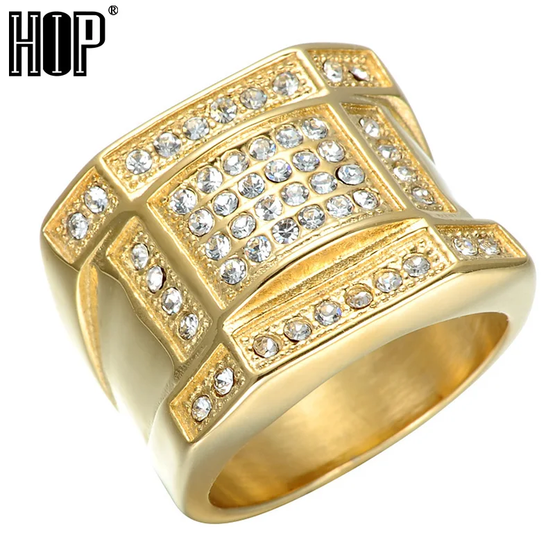 

HIP Hop Micro Pave Rhinestone Iced Out Bling Geometric Ring IP Gold Filled Titanium Stainless Steel Rings for Men Jewelry