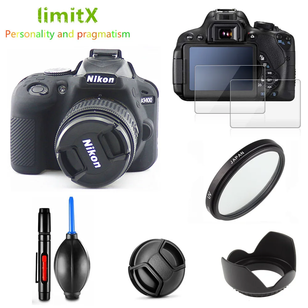 

Full Protect Kit Screen Protector Camera case bag UV Filter Lens hood Cap pen Blower for Nikon D3400 with AF-P 18-55mm lens