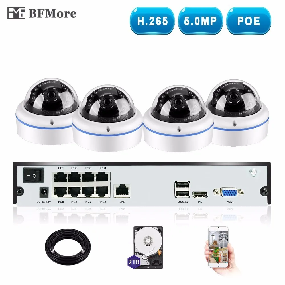 BFMore H.265 5.0MP POE купольный 4CH NVR комплект CCTV система IP камера P2P ИК Крытый всепогодный