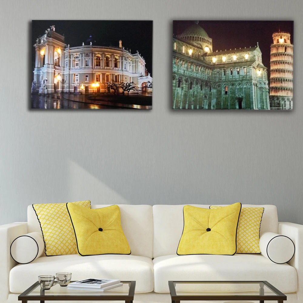 

Modern Lighted Wall Picture odessa opera withTower of Pisa at Night canvas art painting framed printed battery open 16x24INCH