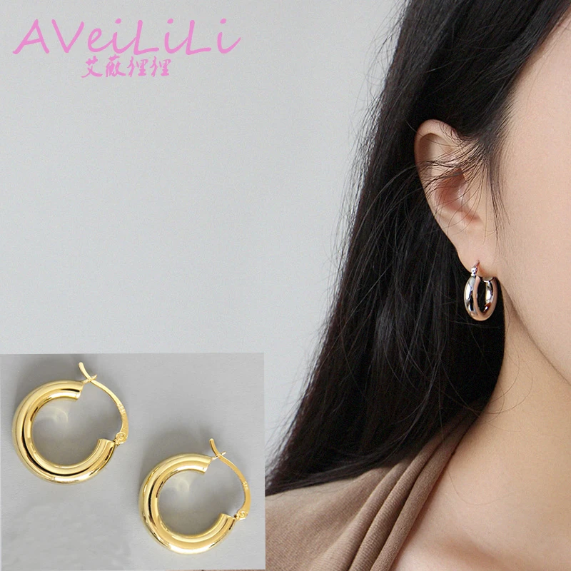 

woman 925 sterling silver earrings jewelry 5*20MMC round button Hoop earring plating white gold Yellow gold