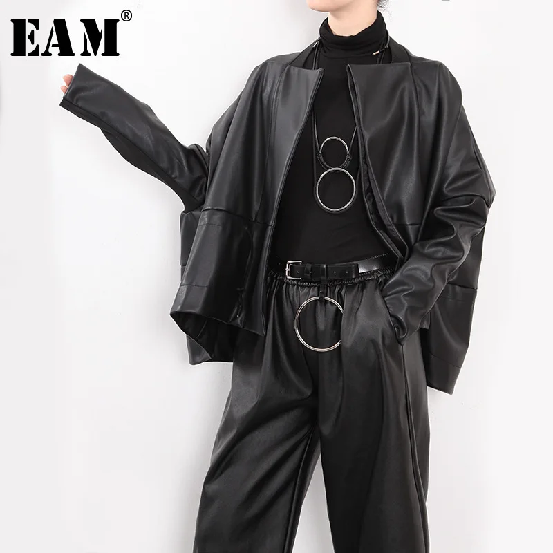 [EAM] 2019 New Spring Stand Collar Long Sleeve Black PU Leater Loose Big Size Short Jacket Women Coat Fashion Tide JG899