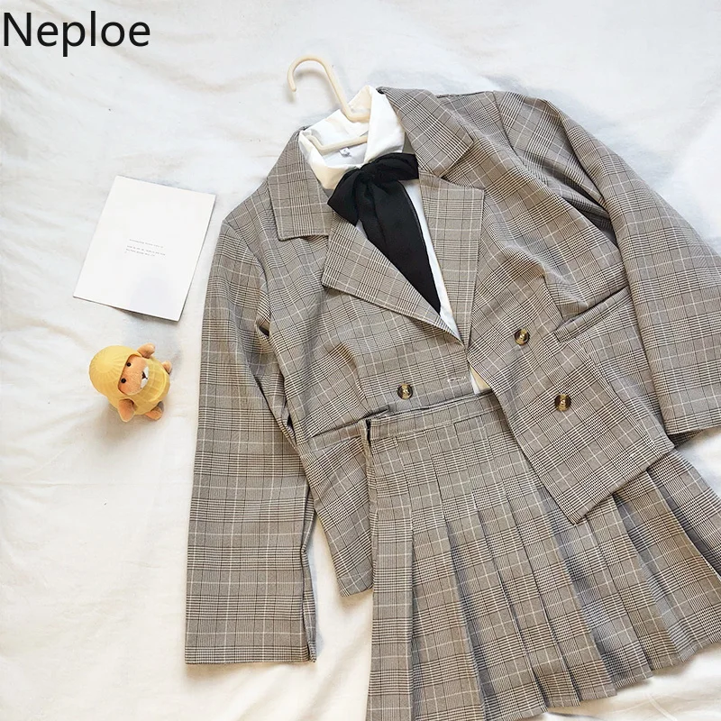 

Neploe 2019 Summer Casual Plaid Mini Skirt Suits Women Single Breasted Notched Blazer Jacket Preppy Style 2 Pieces Sets 39299