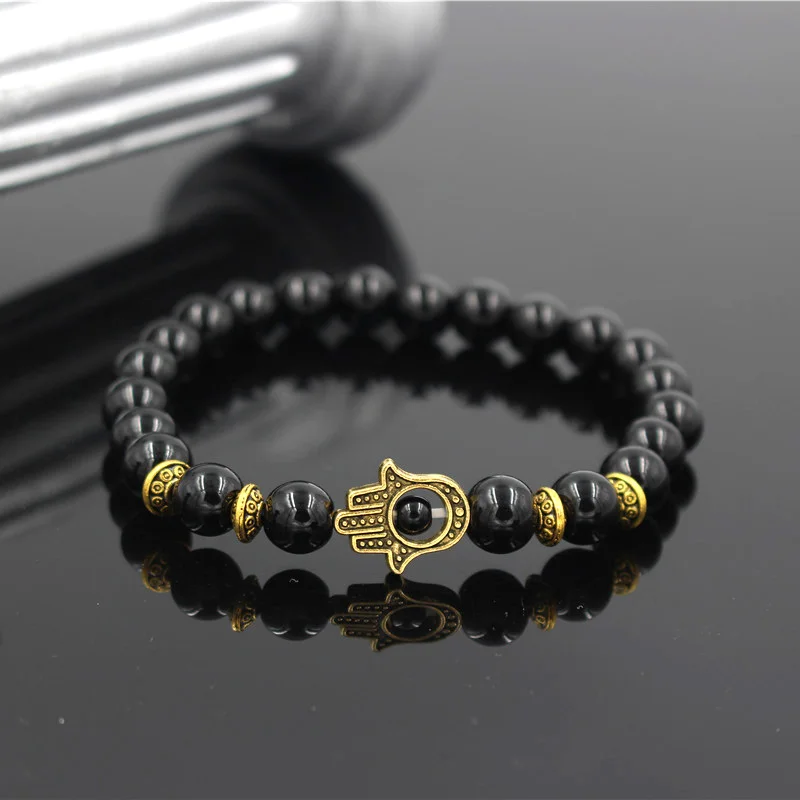 Yoga Bracelet Fatima Hands Hamsa Charm Lava Howlite Stone Bead Elastic For Men Women bracelet jewelry