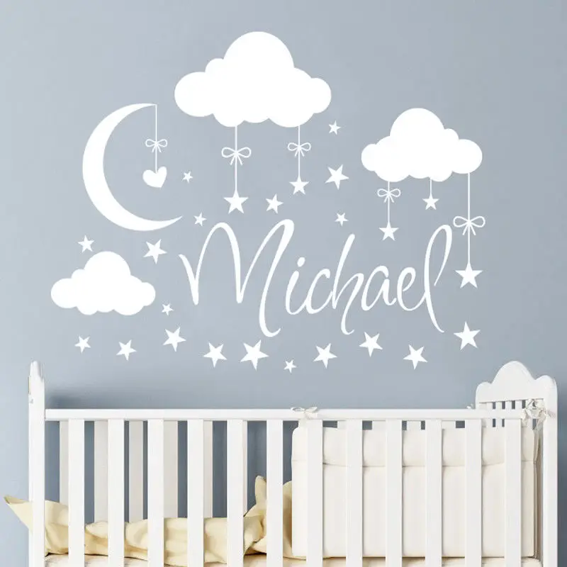 

Personalized Name Wall Decal Clouds Moon Stars Wall Sticker Babys Bedroom Decor Customized Name Vinyl Nursery Wall Mural