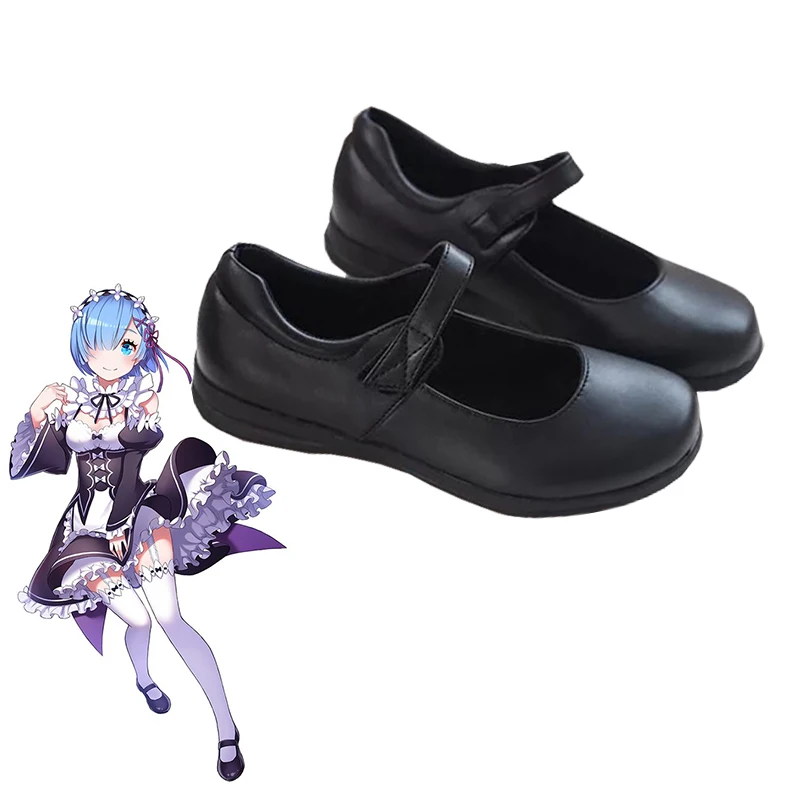 Re:Zero kara Hajimeru Isekai Seikatsu Ram Rem Cosplay Shoes Japanese School JK Shoes Black Leather Flat Low Heel Shoes