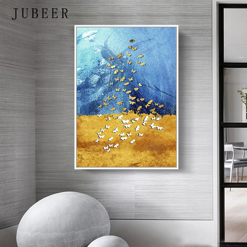 

Scandinavian Style Blue Oil Painting Gold Foil Butterfly Abstract Decorative Painting Cuadros Decoracion Salon Home Decor