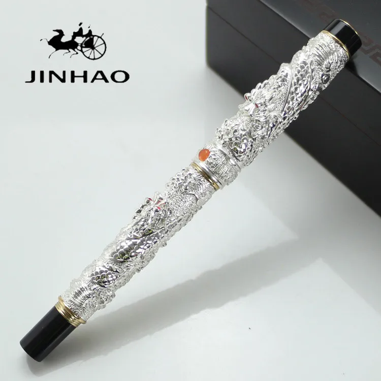 

JINHAO Silver Two Dragon Play Pearl 0.7mm Rollerball P Nib Dragon Carved school Office Stationery original box for choice